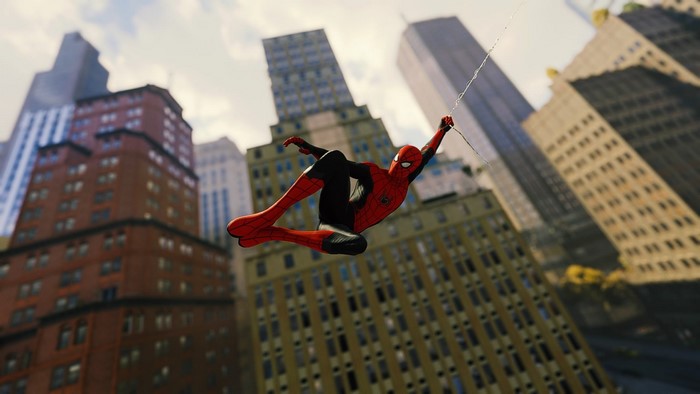 Spider-Man swinging through New York City skyscrapers