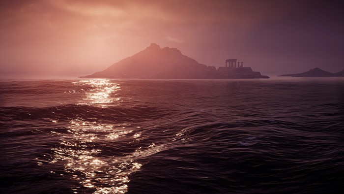 4K sunset over the sea with ancient ruins in Assassin's Creed: Odyssey