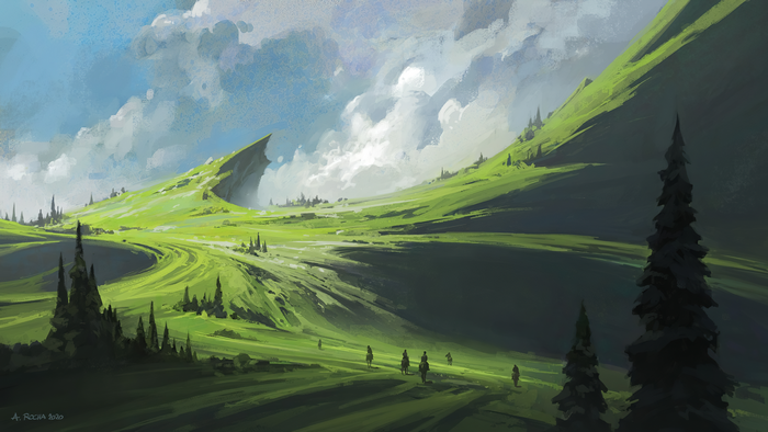 Digital painting of a landscape with rolling green hills and trees