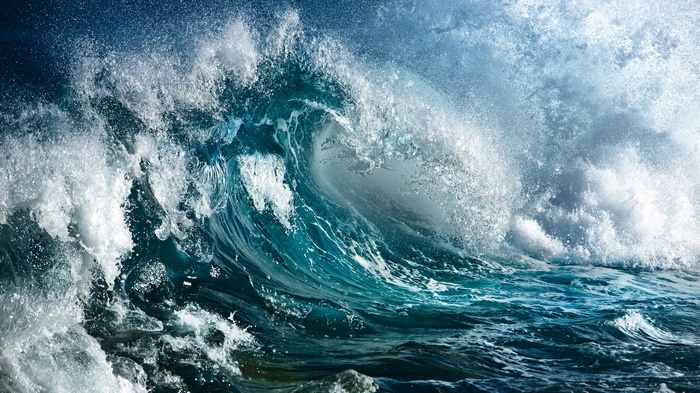 A powerful ocean wave crashes with white foam