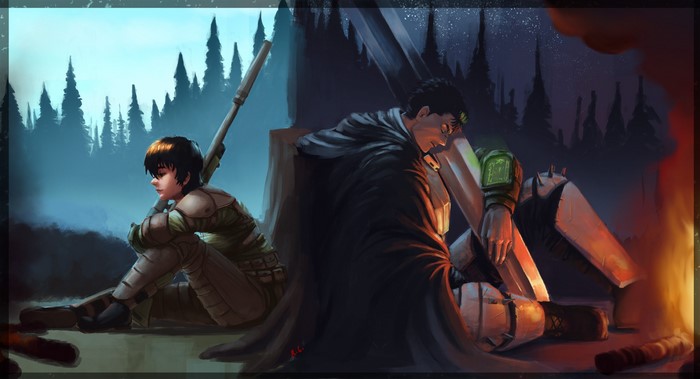 Casca and Guts from Berserk in a forest