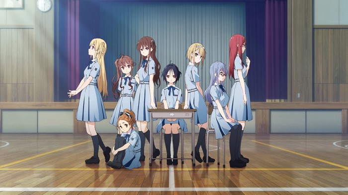 Anime girls in school uniforms in a gymnasium