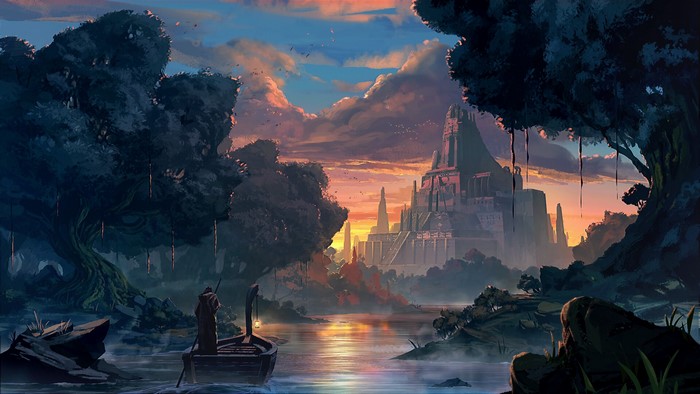 Fantasy landscape with a boat and ancient temple at sunset
