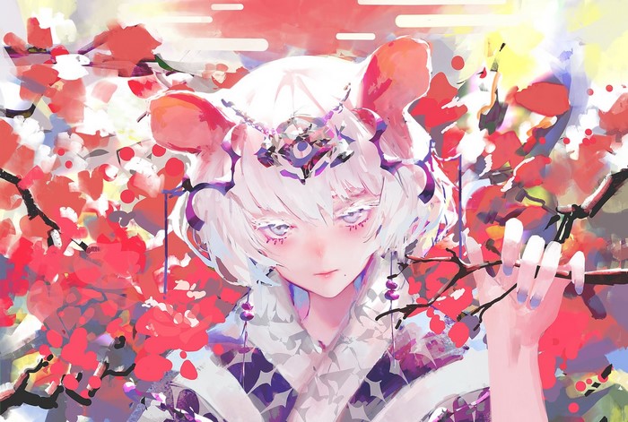 Anime girl with white hair and cat ears in kimono