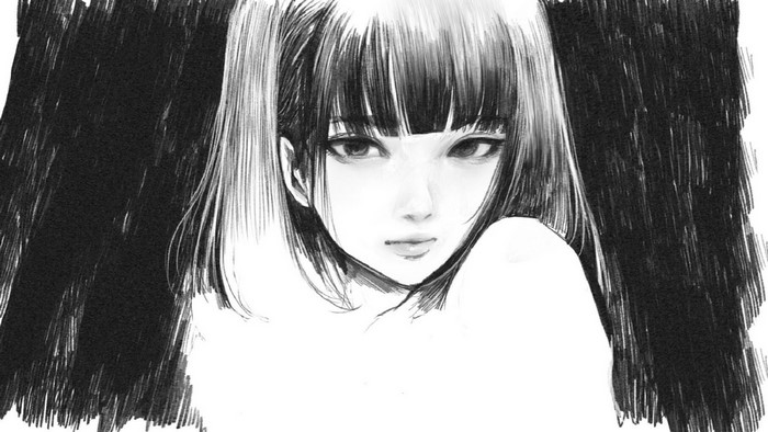 Anime girl with pigtails, monochrome drawing