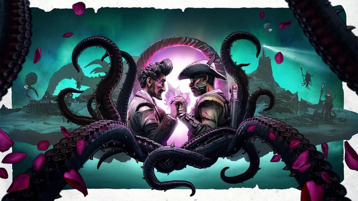 Two men holding hands surrounded by tentacles