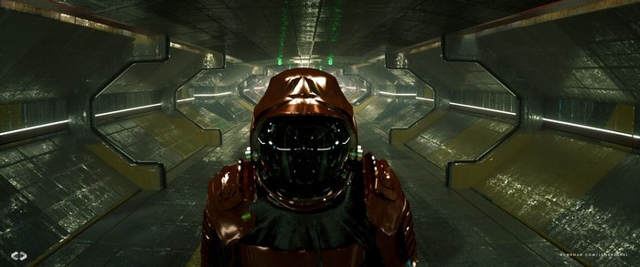 Futuristic sci-fi corridor with a person in a red suit