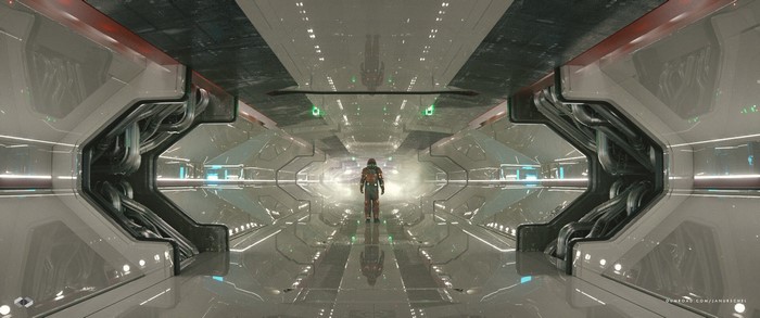 Astronaut in a futuristic spaceship corridor