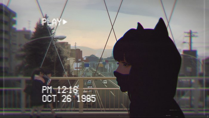 Anime girl with cat ears looking at city