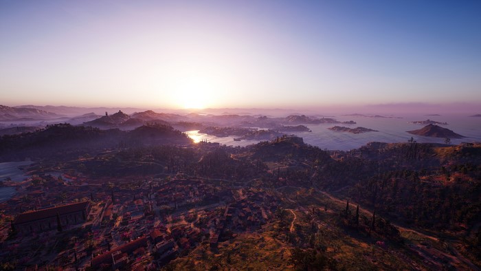 4K sunset over islands and city in Assassin's Creed: Odyssey