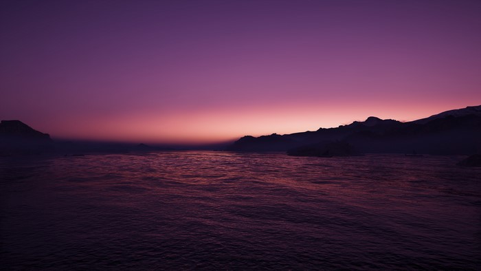 4K Sunset over Water with Mountains - Assassin's Creed: Odyssey Screenshot