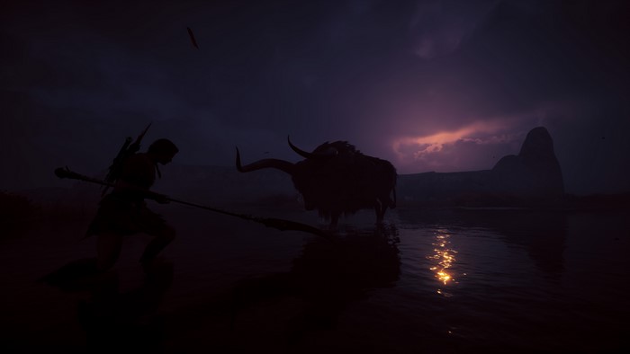 Kassandra from Assassin's Creed: Odyssey in a dark landscape