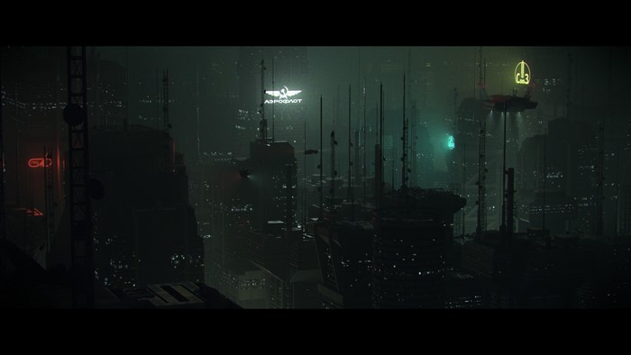 Futuristic cityscape at night with flying vehicles