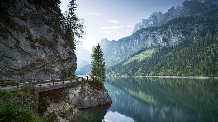 Tranquil River and Road in Dachstein Mountains, Austria