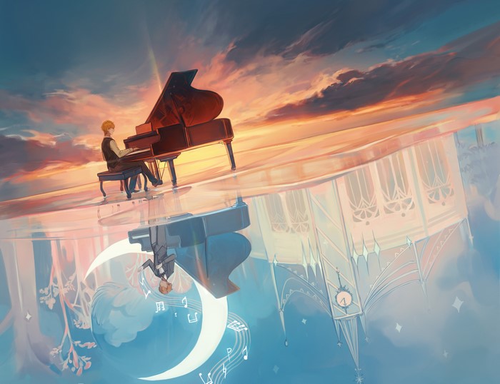 Anime boy playing piano with reflection