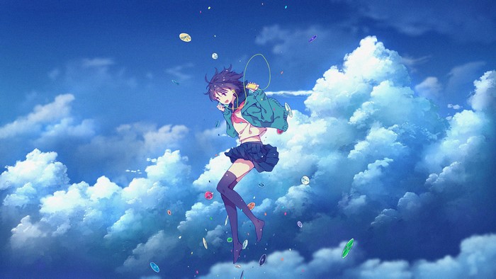 Anime girl with headphones flying among clouds and discs