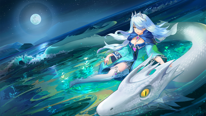 Girl with aqua hair riding a white dragon under the moon