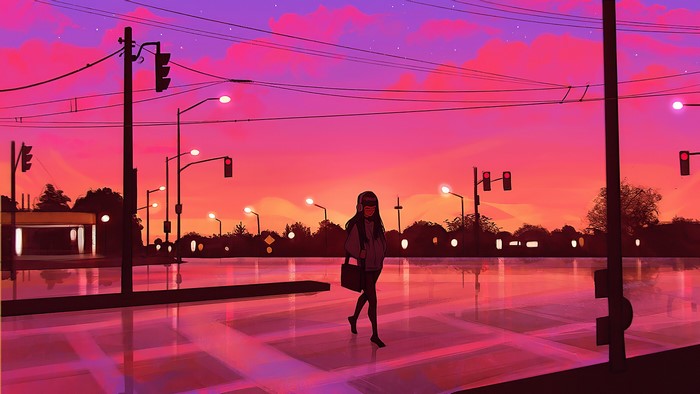 Girl with headphones walking on wet street at sunset