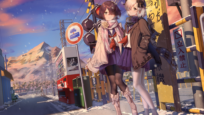 Two anime girls in school uniforms at a snowy bus stop