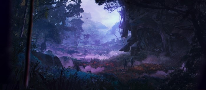 Science fiction concept art of a misty alien forest