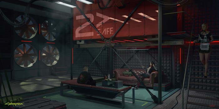 Cyberpunk 2077 concept art of a bar interior