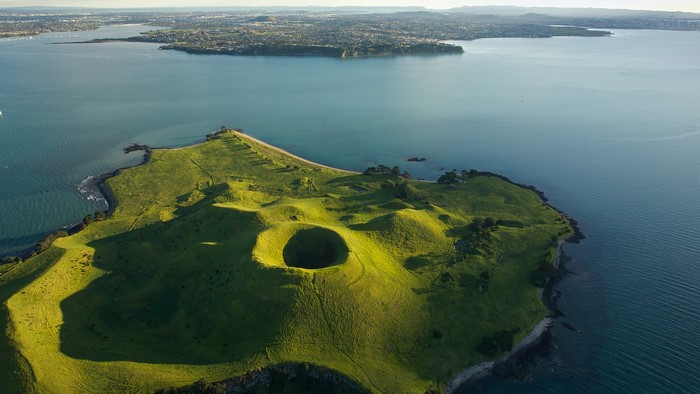 Aerial view of Rangitoto Island volcano, Auckland, New Zealand