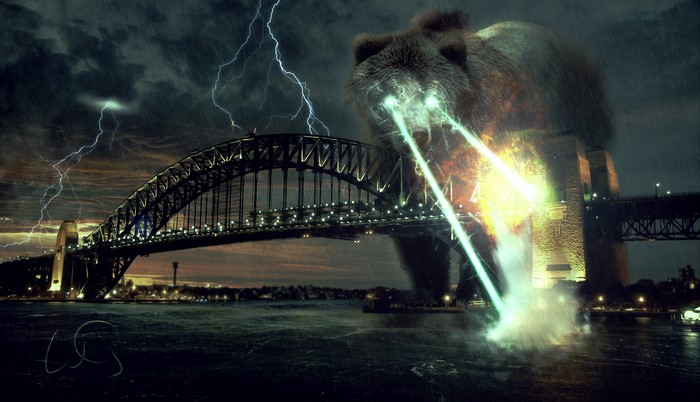 Giant bear with laser eyes attacking Sydney Harbour Bridge in rain