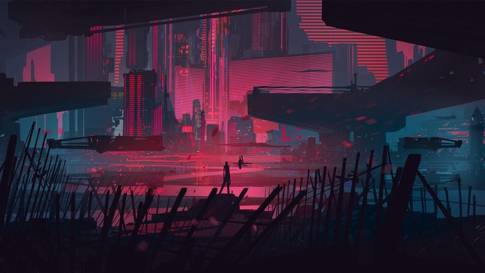 Futuristic neon city with flying vehicles and figures