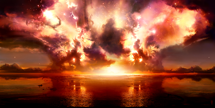 Explosion in space over a reflective sea