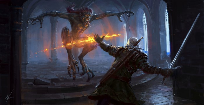 Geralt of Rivia fighting a monster in The Witcher 3