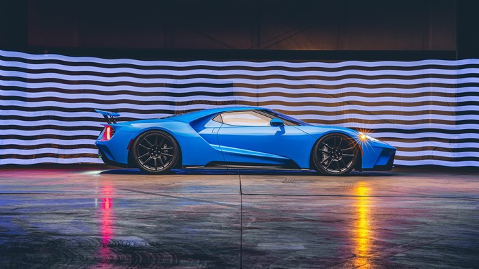 4K blue Ford GT Mk II supercar side view