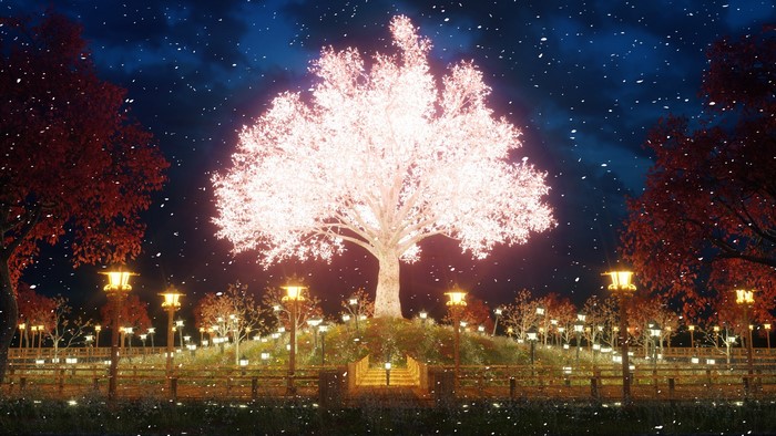 Magical cherry blossom tree at night with falling petals