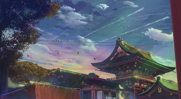 Anime temple with trees and sky