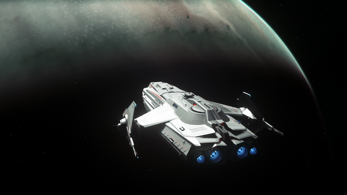 Star Citizen Anvil Carrack spaceship near planet