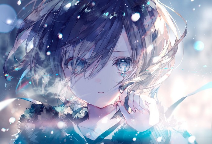Anime girl with short hair crying in the snow
