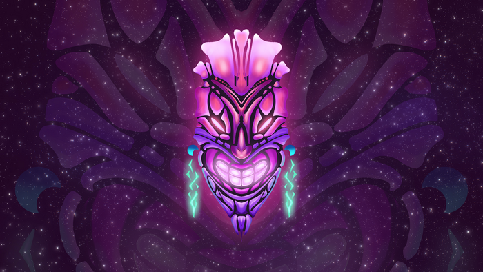 Glowing Tiki mask in starry space