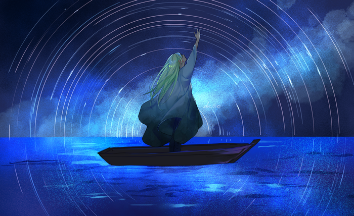 Enkidu from Fate/Grand Order on a boat under the aurora