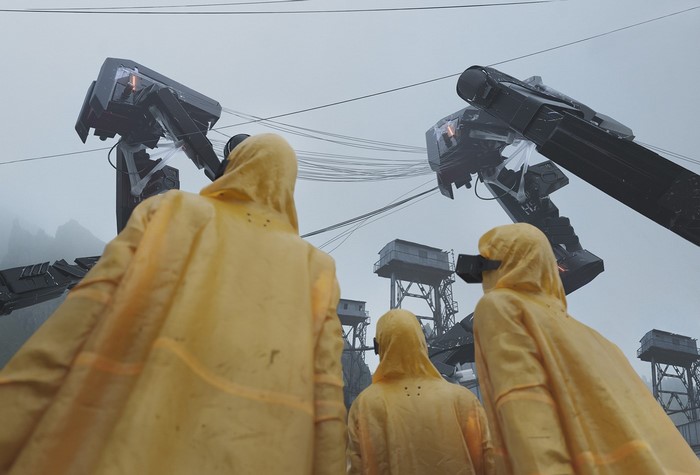 Scientists in yellow suits observe robotic arms