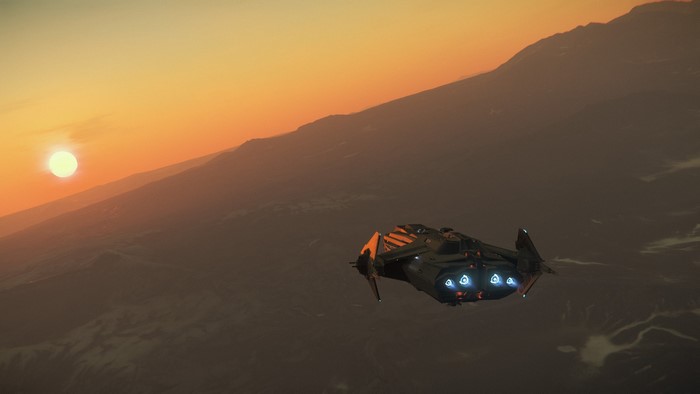 Anvil Carrack spaceship flying over a planet at sunset