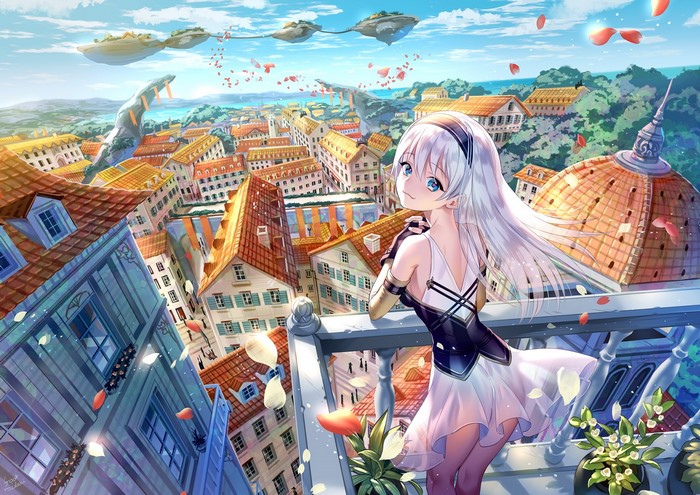 Anime girl with silver hair on a balcony overlooking a city