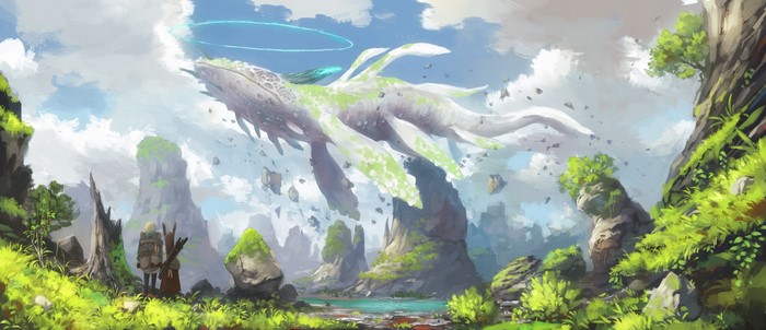 Fantasy landscape with flying whale and two travelers