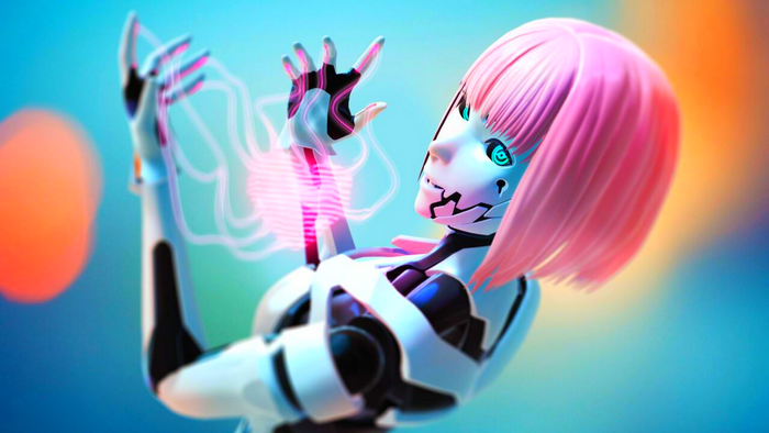 Cybernetic woman with pink hair interacting with digital energy