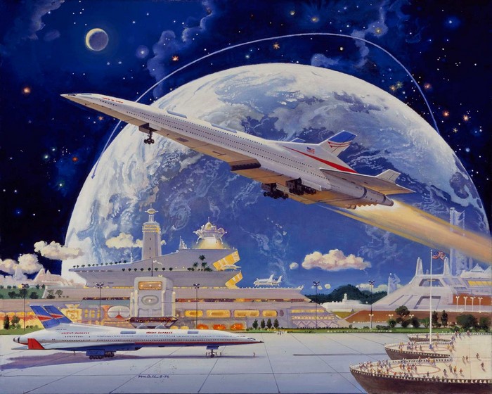 Futuristic Spaceport with Earth and Spaceships