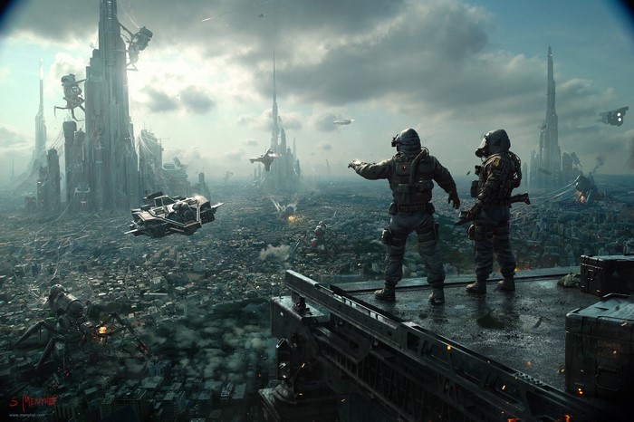 Two soldiers overlooking a futuristic city under attack