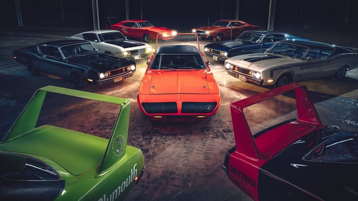 Group of classic Dodge Charger Daytonas and Plymouth Superbirds