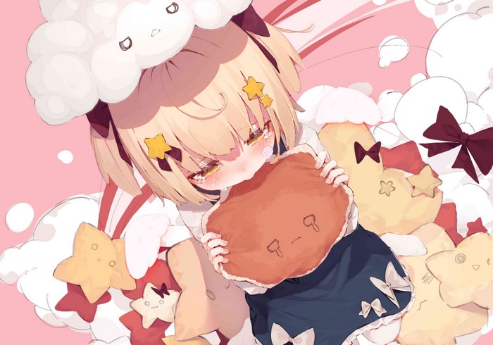 Anime girl with blonde hair and cloud hat holding pillow