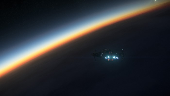 Anvil Carrack spaceship near a planet's sunrise in Star Citizen