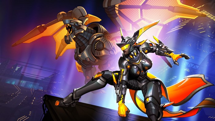 Imani from Paladins with a robot companion