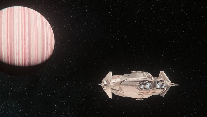 Star Citizen Anvil Carrack spaceship near a striped planet