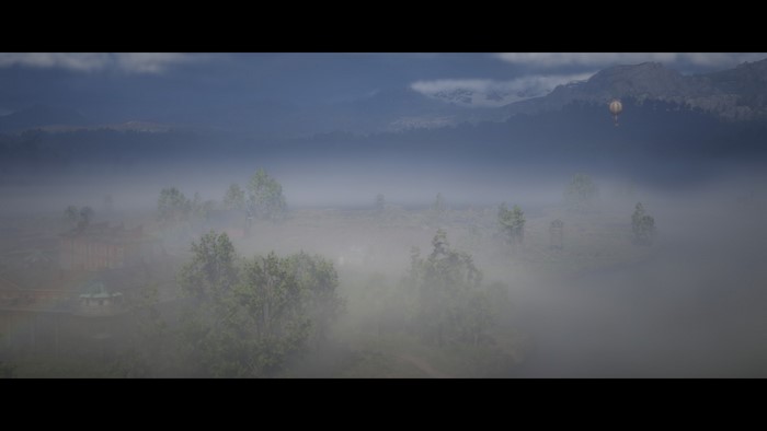 Hot air balloon over foggy landscape in Red Dead Redemption 2